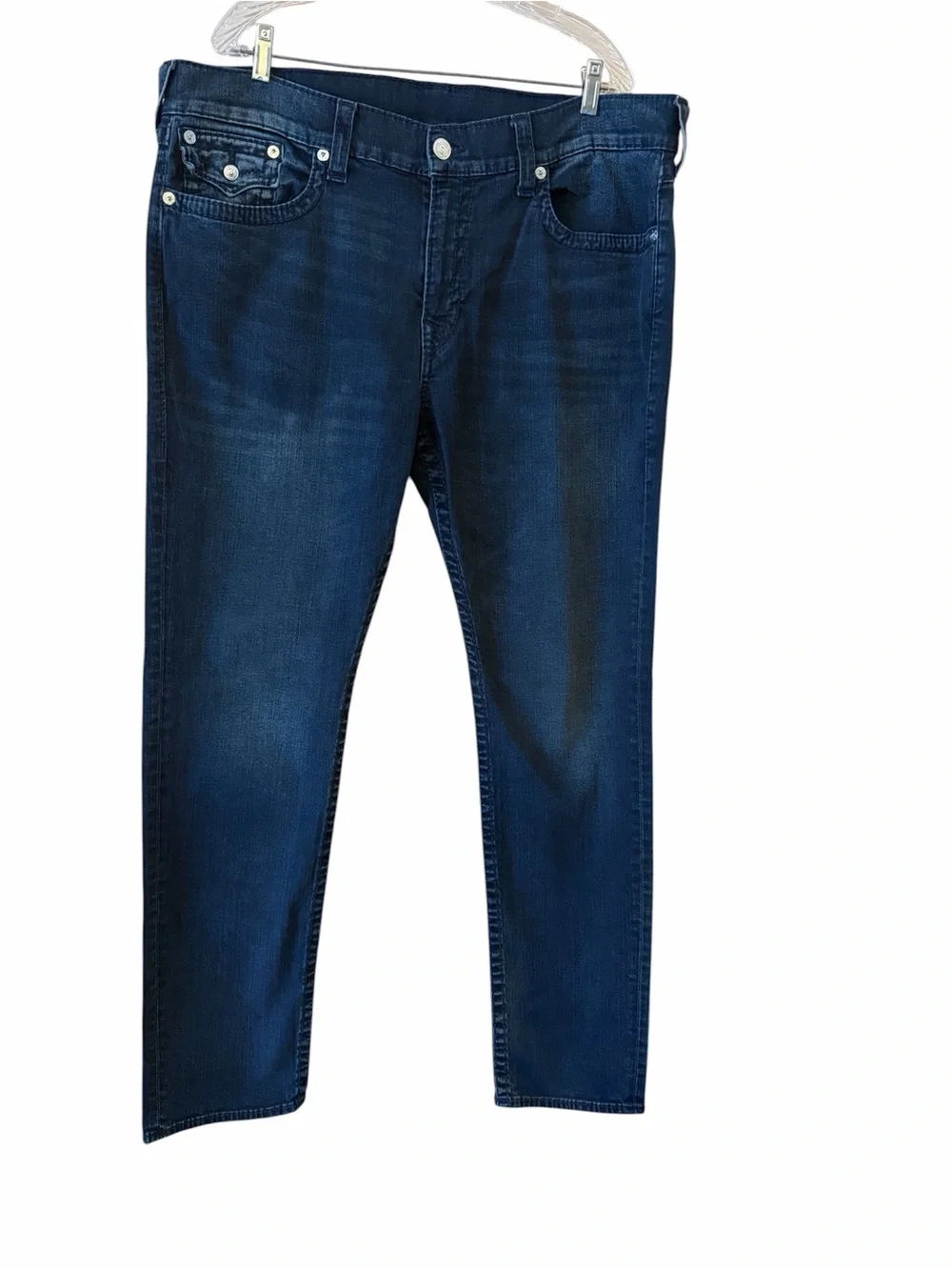 True Religion Geno Flap Big T Blue Men's Relaxed Slim Jeans Size 40 Thick Stitch